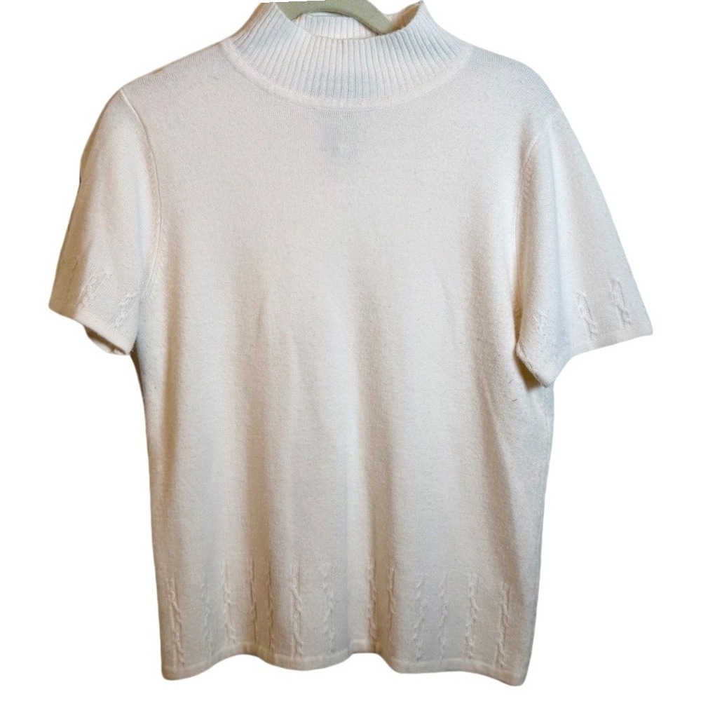Cream Short Sleeve Sweater Cable Accent Soft Knit Mock Neck Sz. Petite Large